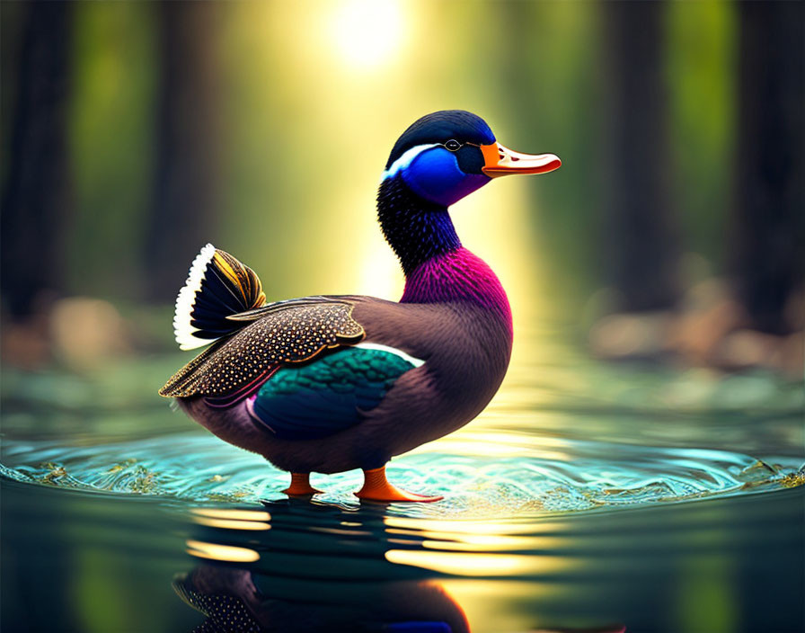 Colorful Duck Standing in Water with Sunlit Forest Background