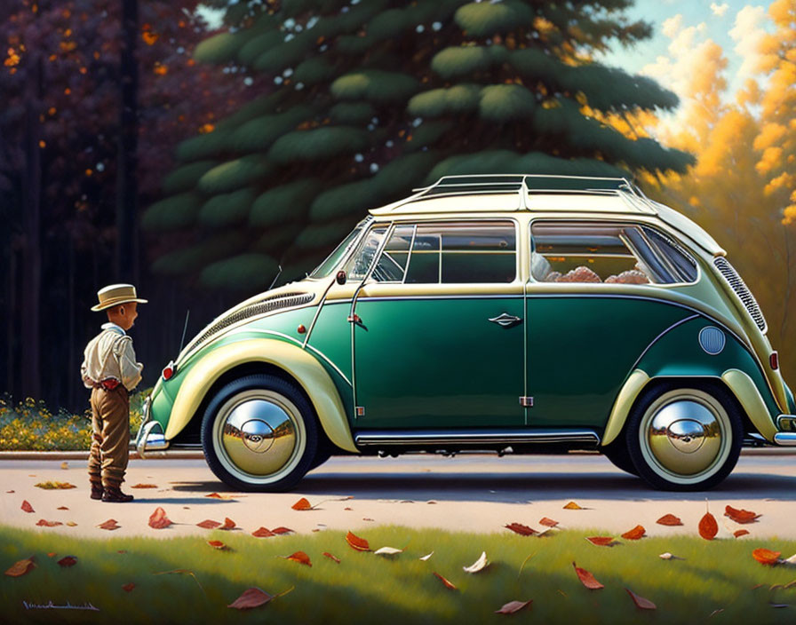 Boy in hat next to green Volkswagen bus on sunny autumn day with fall leaves and tall trees