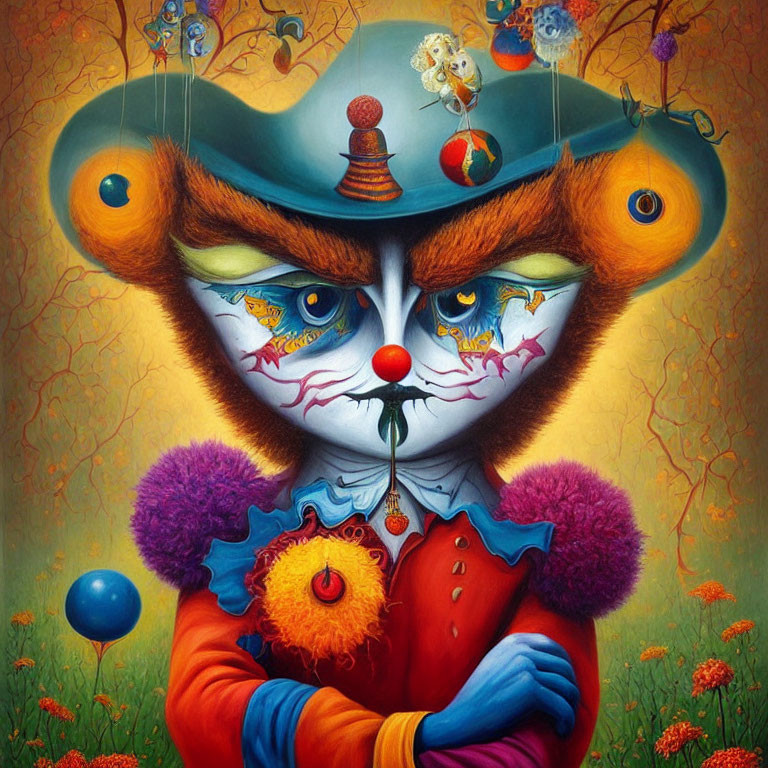 Colorful anthropomorphic creature blending clown and cat features in surreal painting