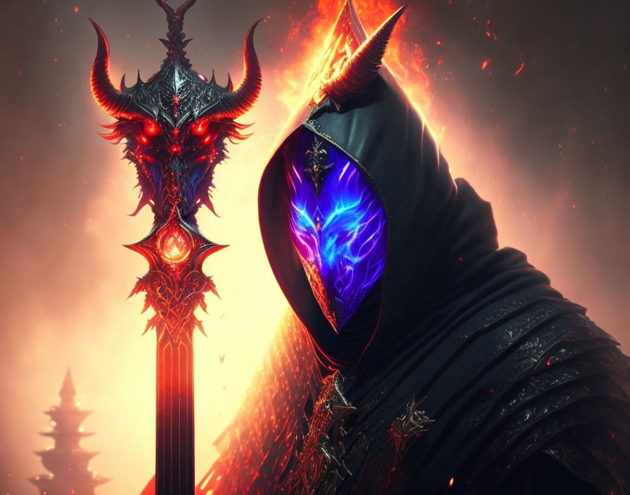 Fantasy warrior in black cloak with glowing blue eyes and fiery sword against red sky