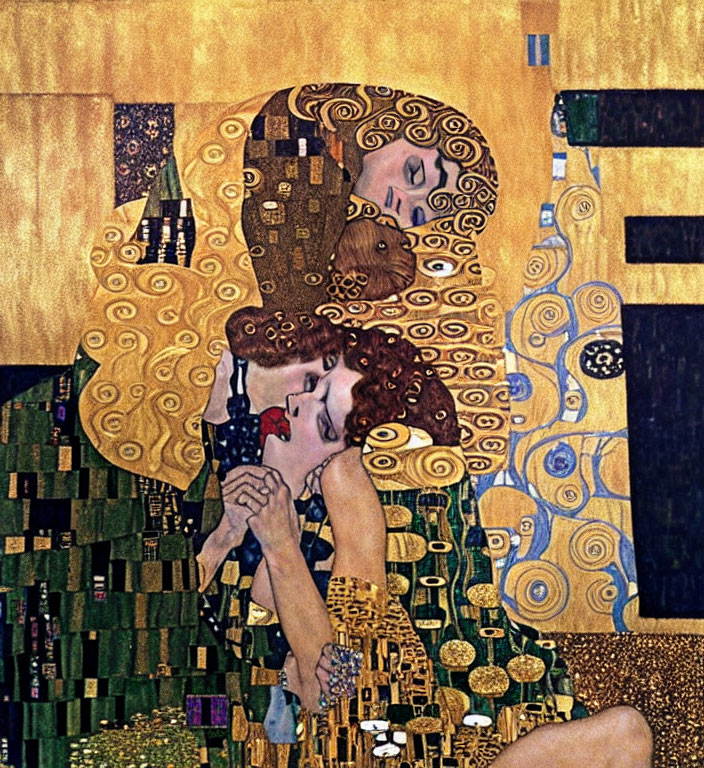 Art Nouveau painting features couple embracing in ornate golden patterns