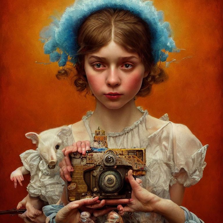 Young girl with blue headpiece holding lamb and ornate camera on warm-toned backdrop