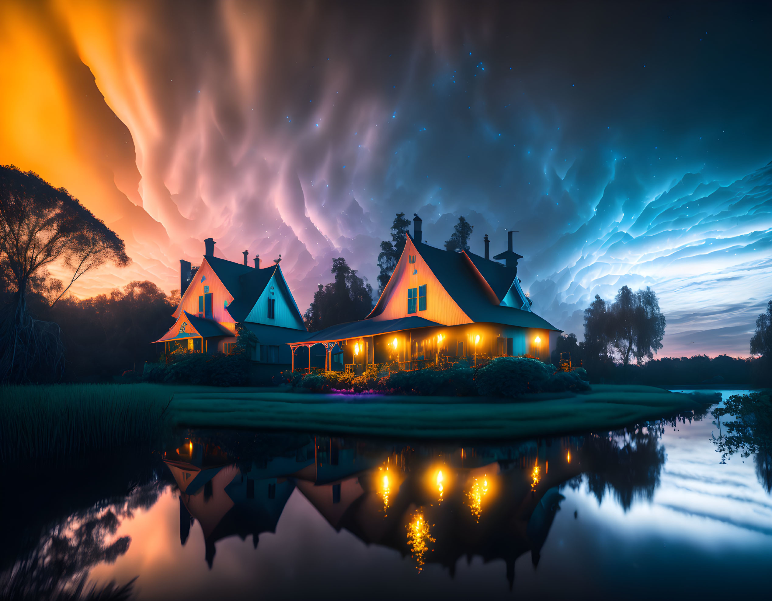 Tranquil pond reflects cozy houses under dramatic evening sky