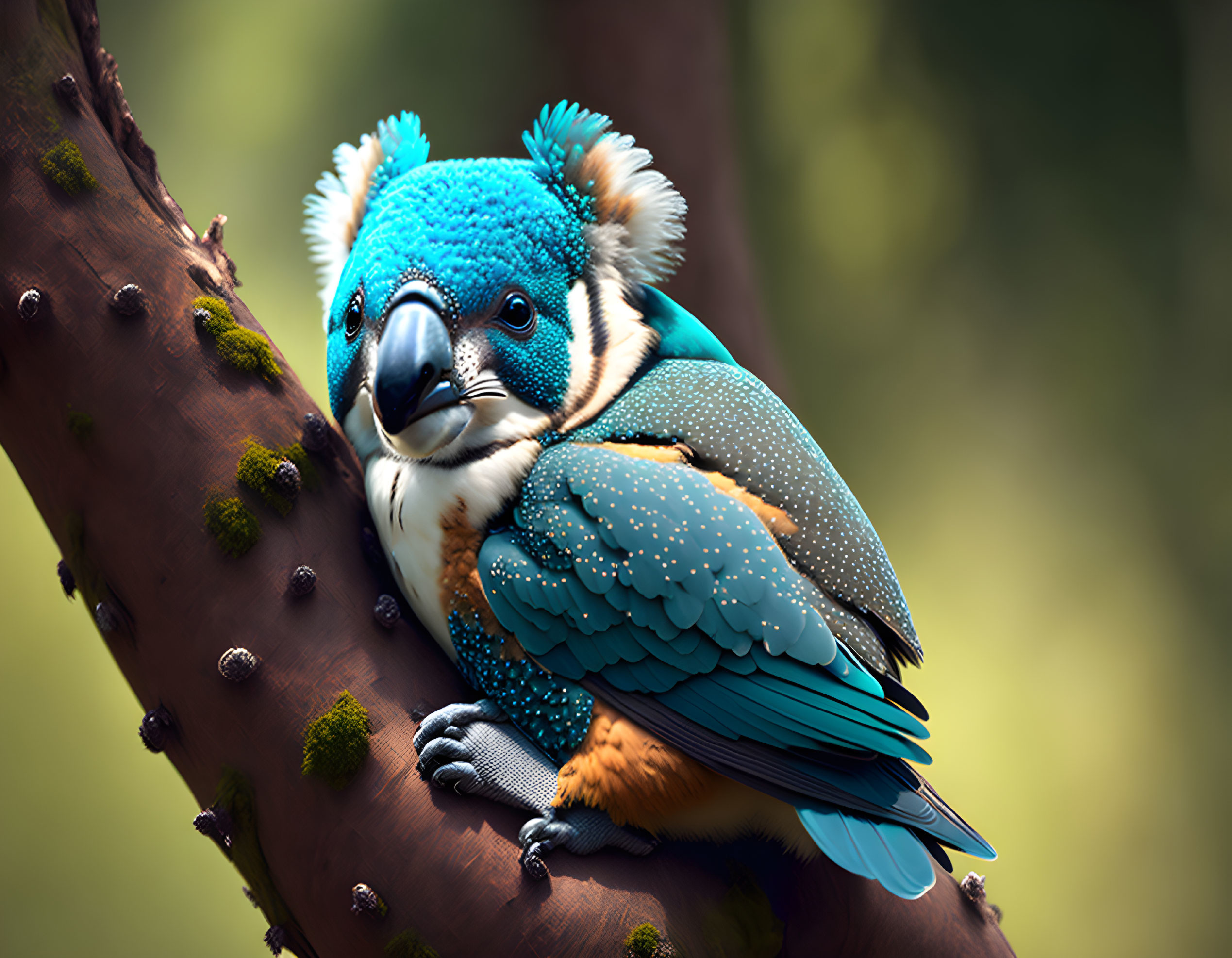 Hybrid creature with koala head and bird body on tree branch in vibrant colors