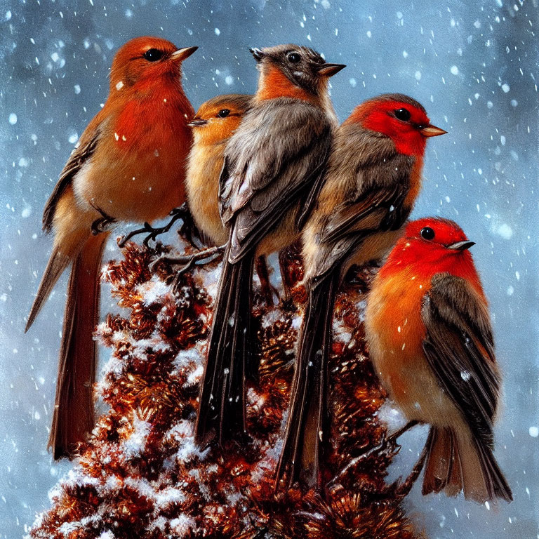 Five Birds with Reddish-Orange Plumage on Snowy Branch