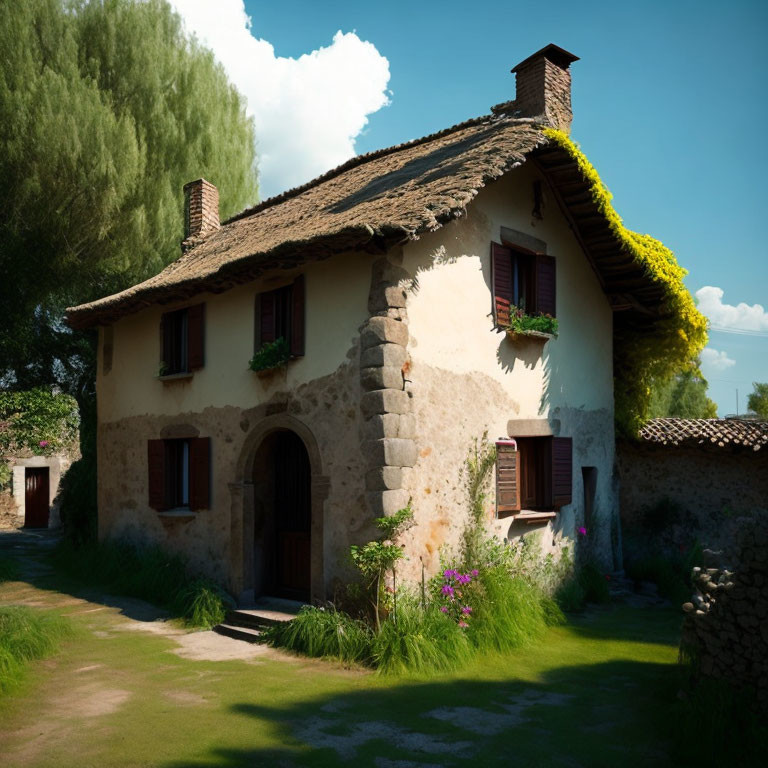 Stone house with shuttered windows in lush greenery