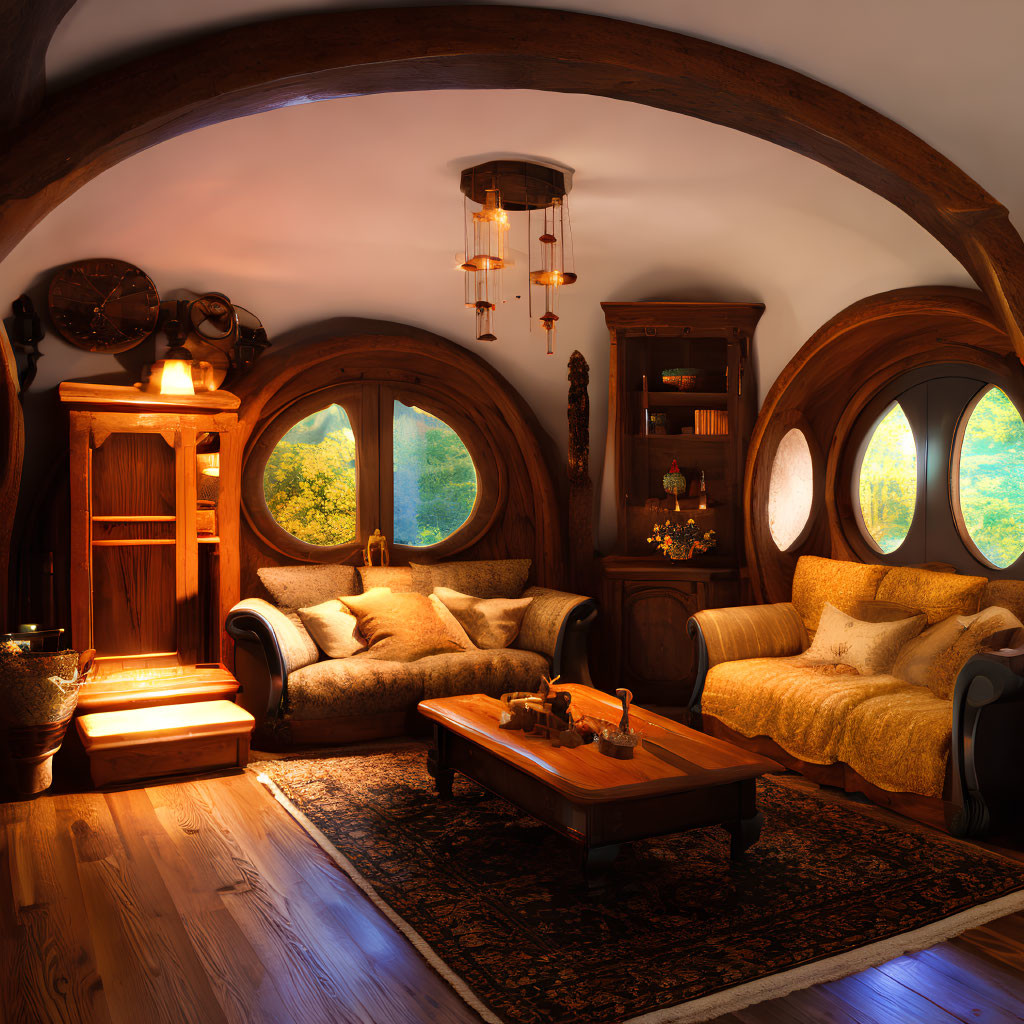 Round window, arched ceiling, wooden furniture in a cozy hobbit-style living room