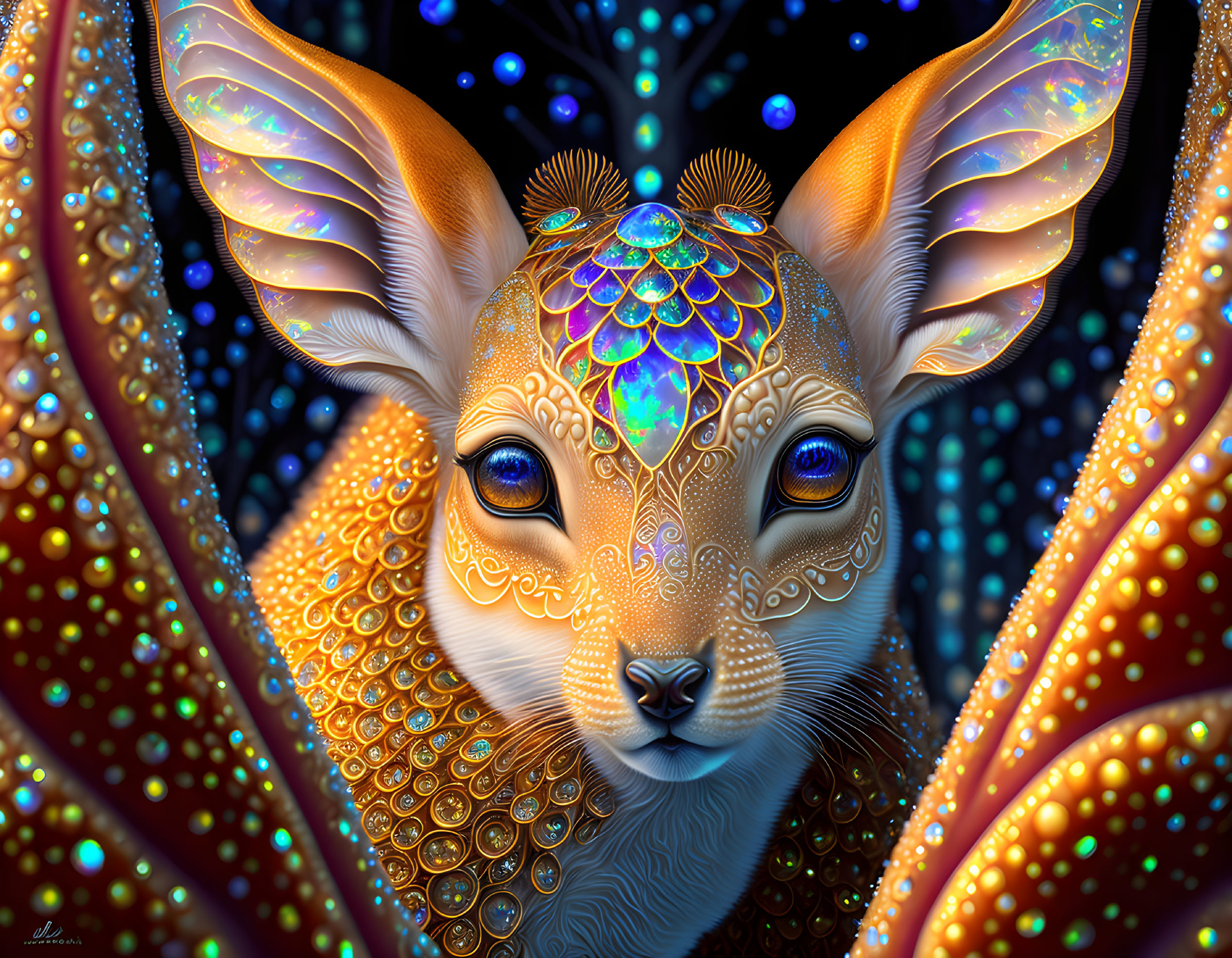 Fantastical deer with gold patterns and glowing eyes in digital art