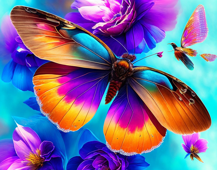 Colorful butterflies with orange, blue, and brown wings on vibrant purple flowers and teal backdrop