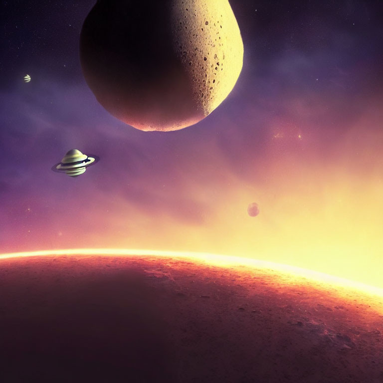 Colorful space scene with large planet, ringed planet, celestial body, and starry sky