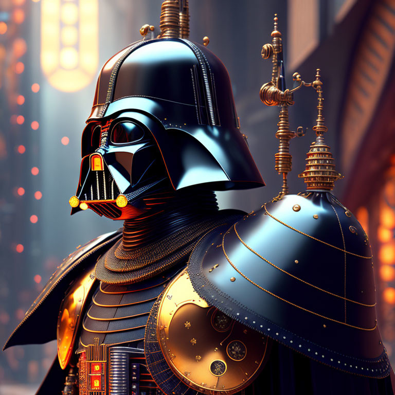 Detailed Darth Vader illustration in samurai armor against sci-fi cityscape