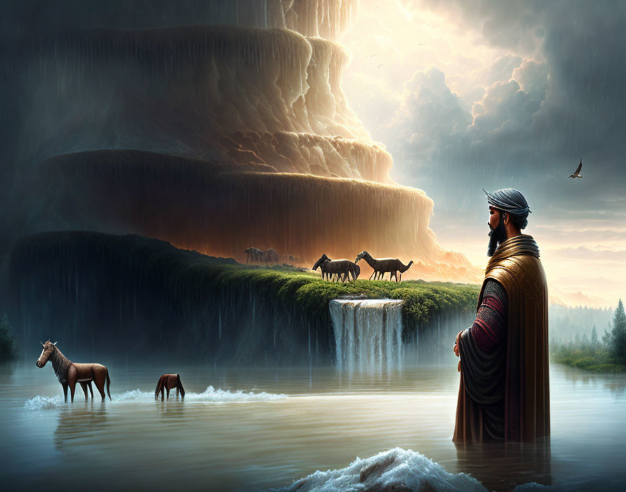 Man in cloak watches horses near tiered waterfall under dramatic sky