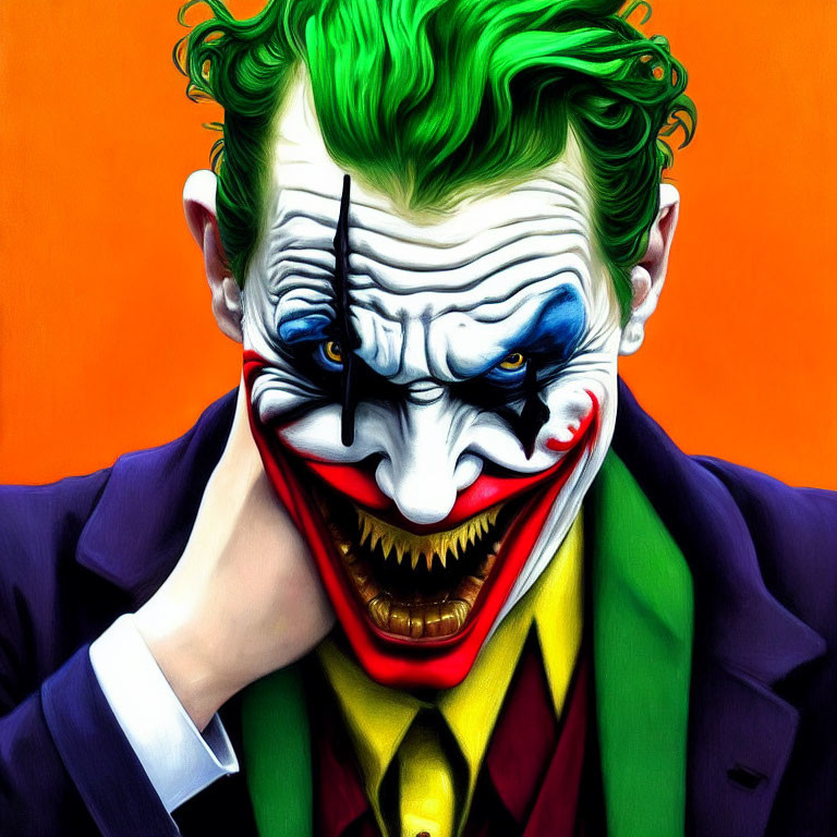 Vibrant Joker-inspired character with green hair and wide grin on orange backdrop