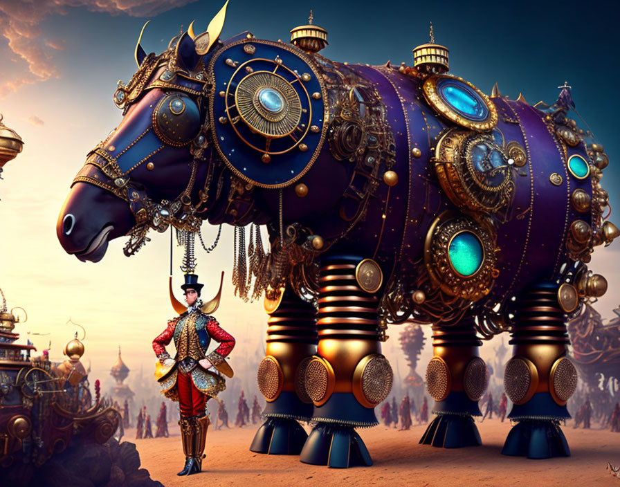 Digital artwork: Person in intricate costume with steampunk mechanical bull in sunset-lit scene