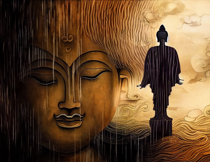 Tranquil Buddha-themed artwork with serene face and silhouette statue on amber backdrop