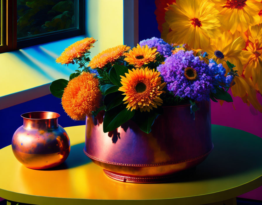 Colorful Sunflower Bouquet in Copper Pot on Yellow Table