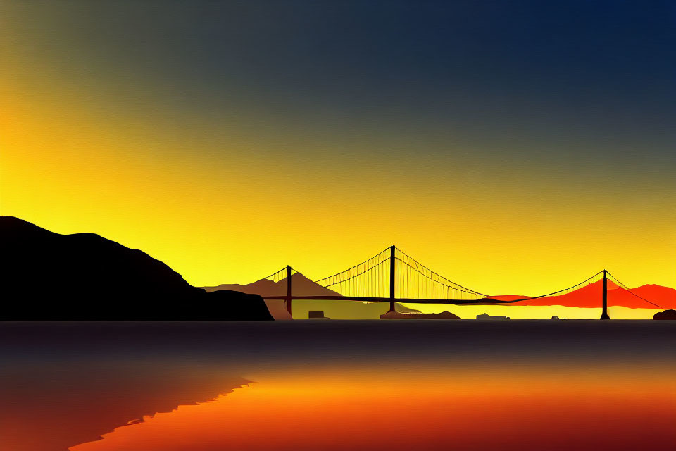 Vibrant sunset silhouette of bridge over water