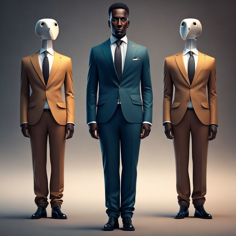 Three men in suits with bird-like masks on neutral background