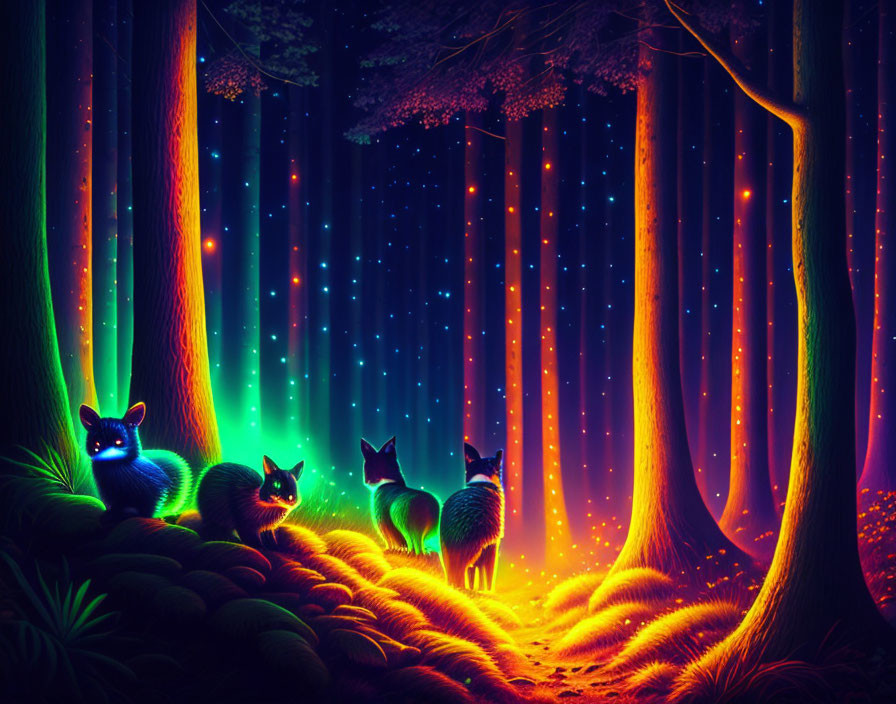 Vibrant neon-lit forest with glowing foxes and star-like lights