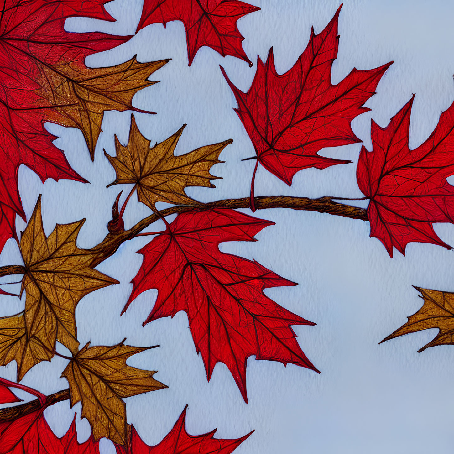 Vivid Red and Brown Maple Leaves on Textured White Background