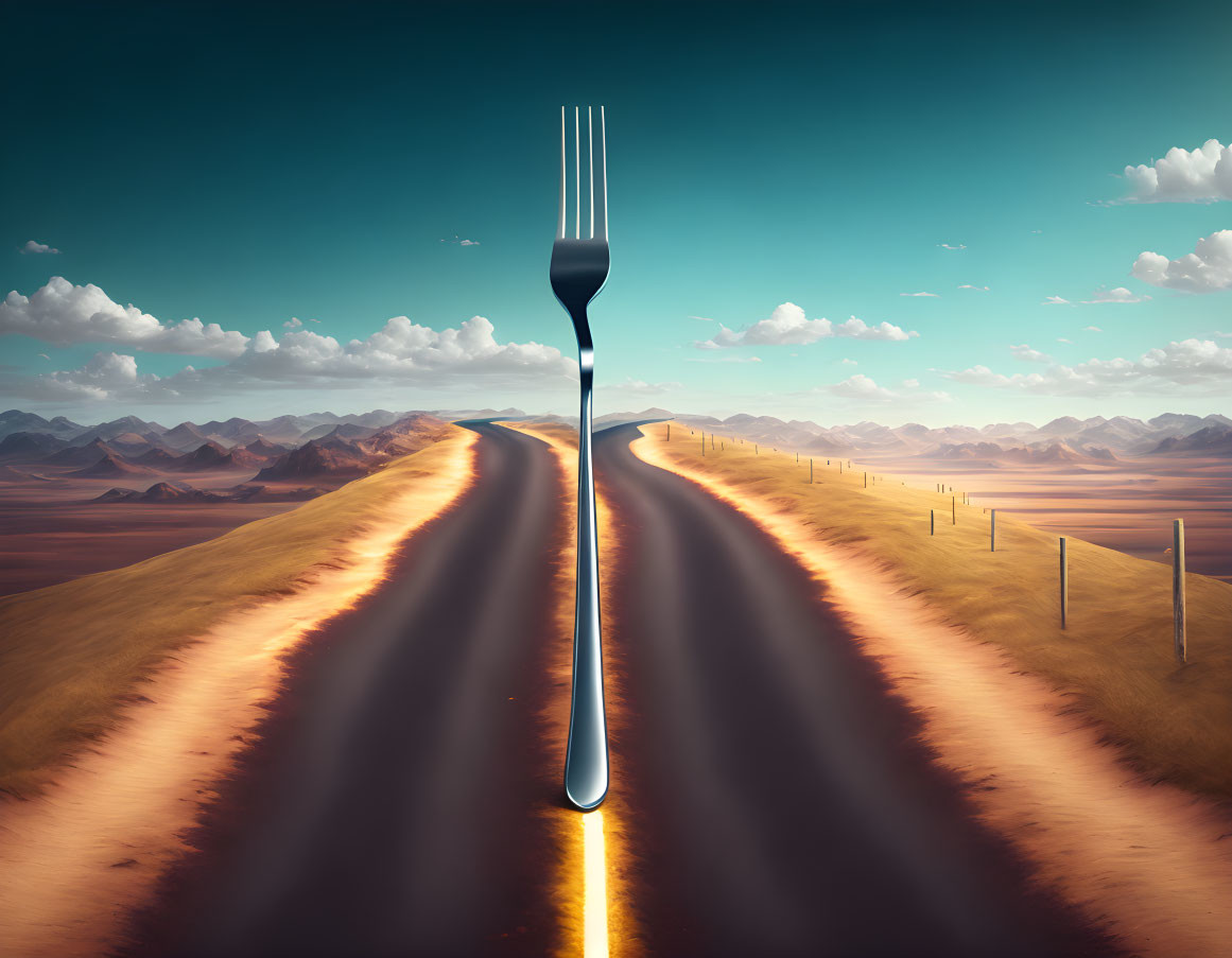 Surreal landscape featuring giant fork in desert setting