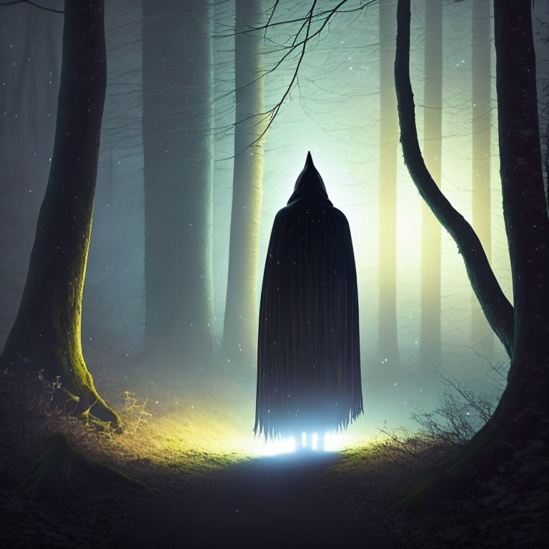 Mysterious cloaked figure in misty illuminated forest at night