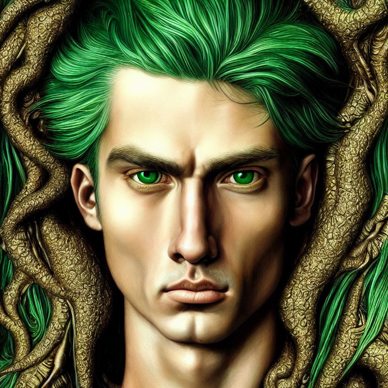 Detailed digital artwork: Person with green hair and eyes, intricate golden patterns.