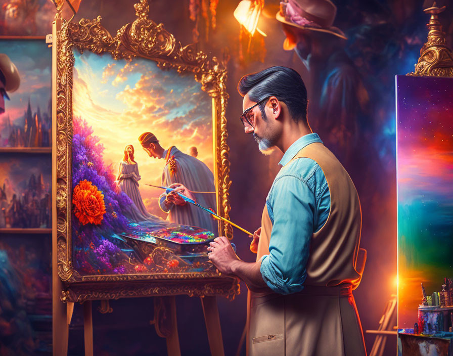 Artist in vintage outfit painting colorful, fantastical scene in vibrant studio