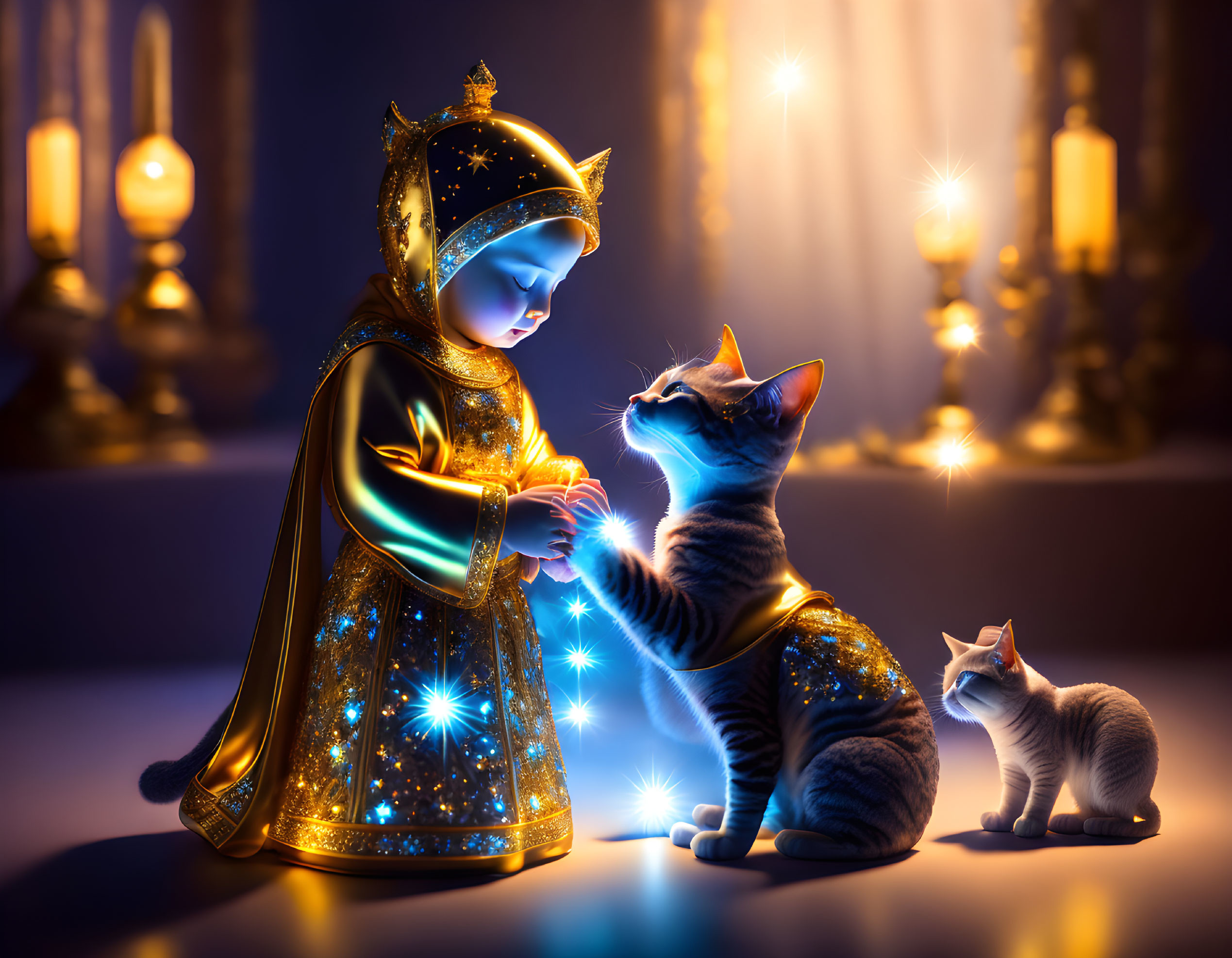 Child in Golden Robe with Glowing Cats in Twilight Scene