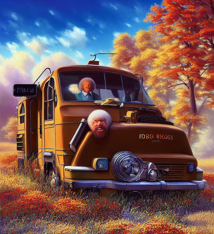 Whimsical autumn illustration with brown van labeled "Freds" and unique grill face.