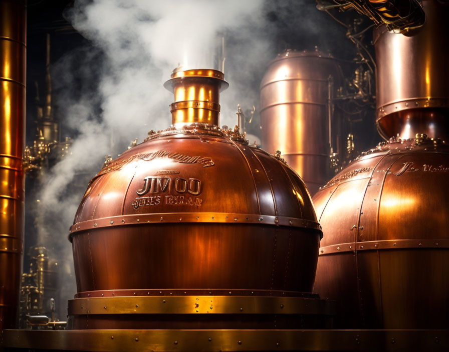 Shiny copper distillation tanks with riveted seams in a brewery