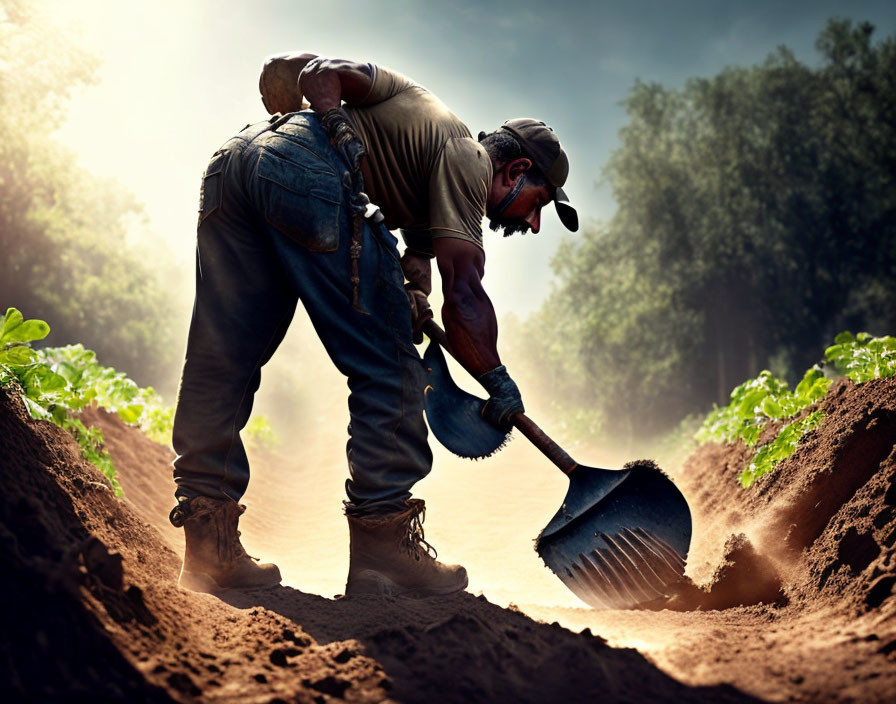 Man digging in field with shovel under sunlight through trees