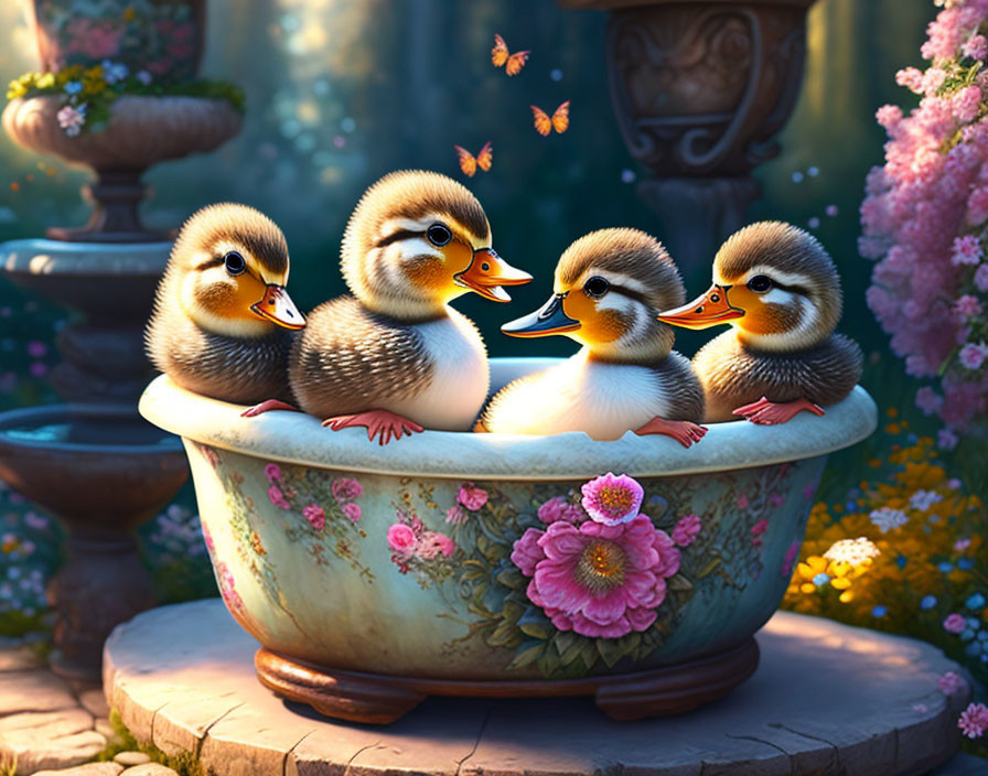 Four Ducklings in Decorative Bowl with Butterflies and Flowers