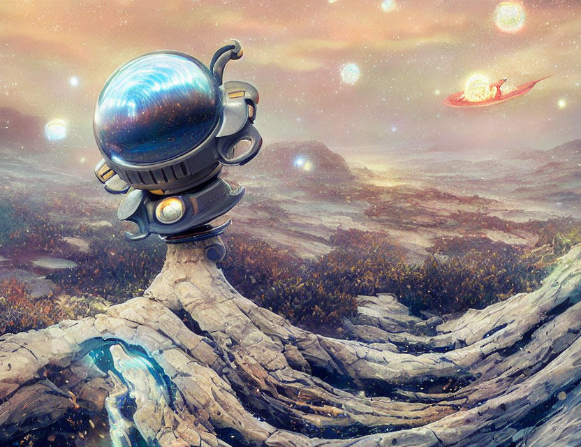 Whimsical landscape with robot head and person on flying sled