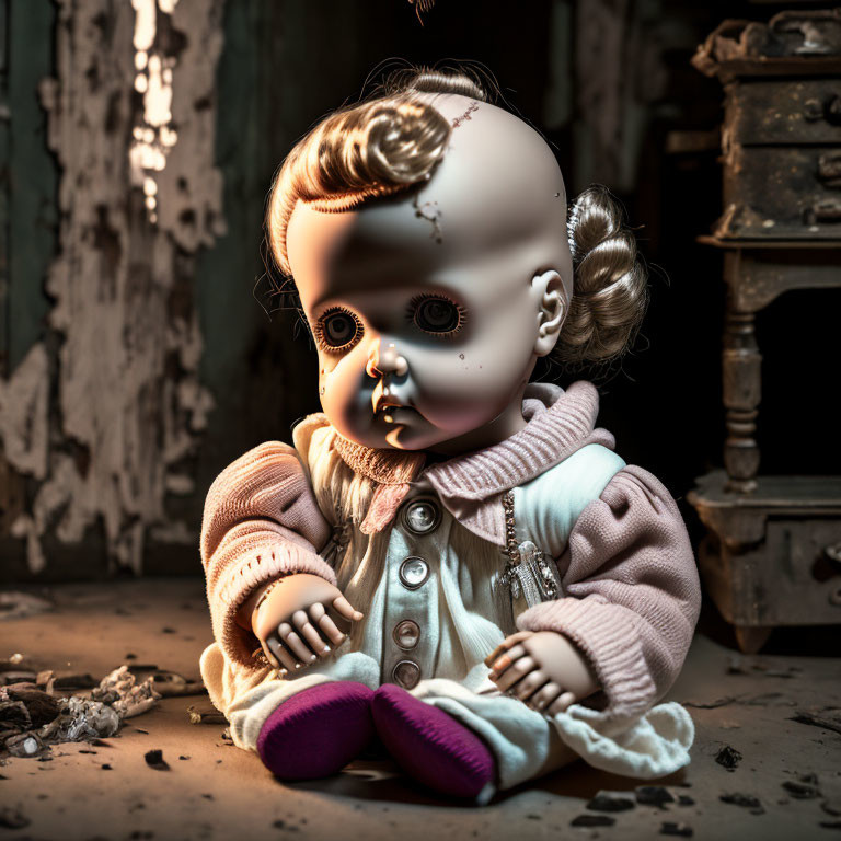 Creepy doll with empty eye sockets in dilapidated room