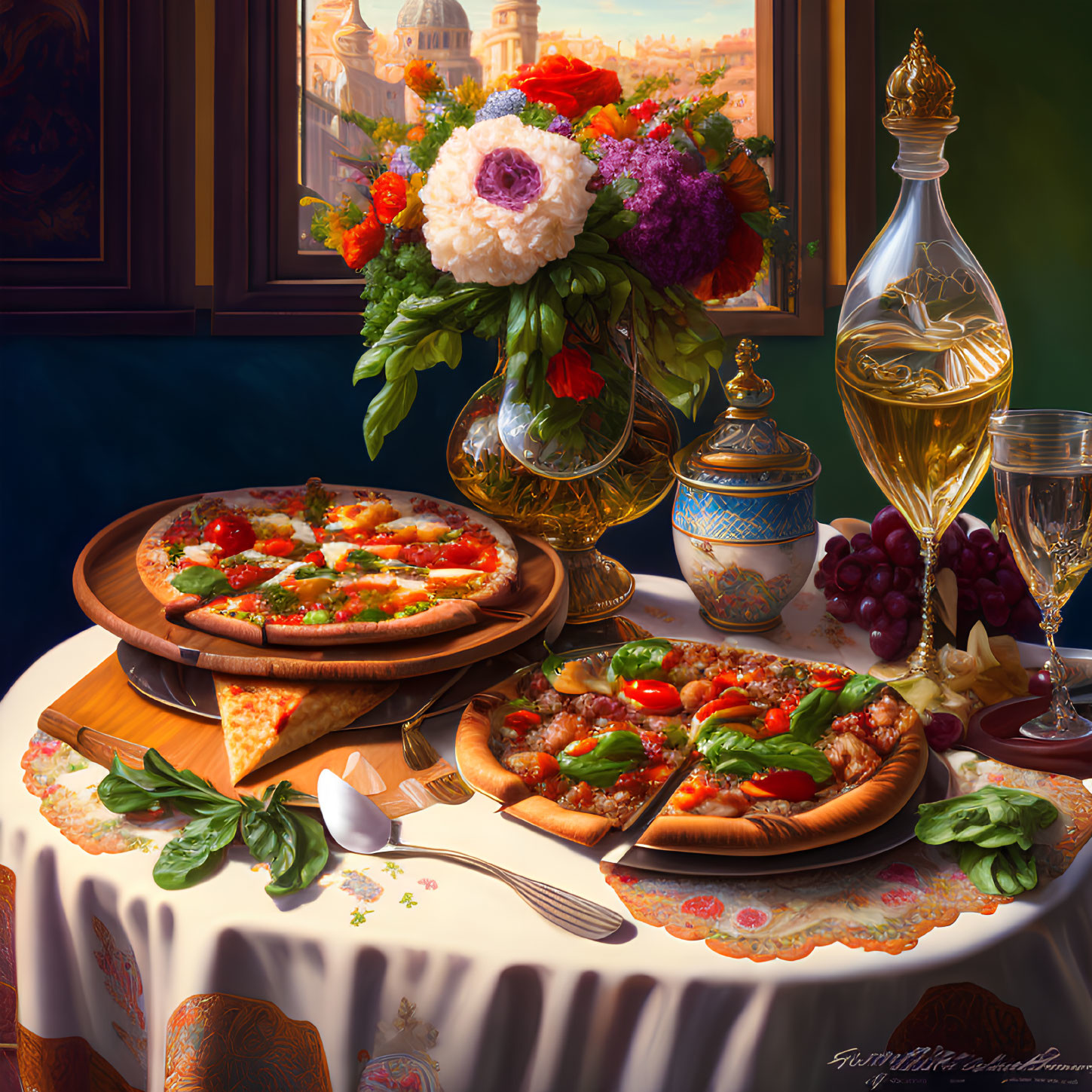 Luxurious sunset view spread with pizza, bouquet, fruits, and wine.