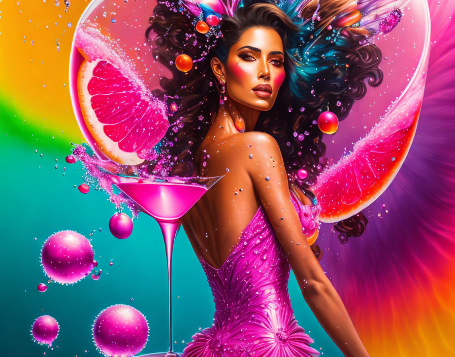 Colorful Woman in Pink Dress Surrounded by Citrus, Bubbles, and Cocktail