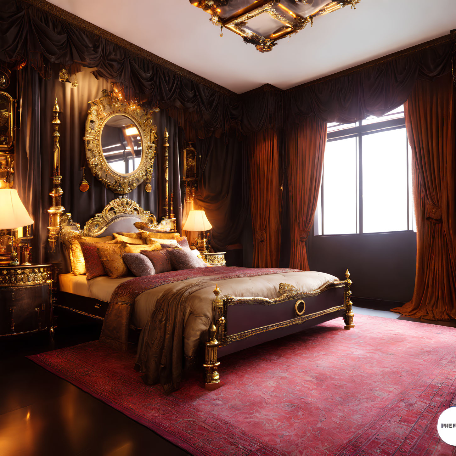 Luxurious Bedroom with Gold Accents and Ambient Lighting