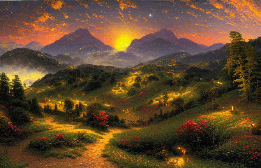 Scenic dusk landscape with glowing sunset behind mountains