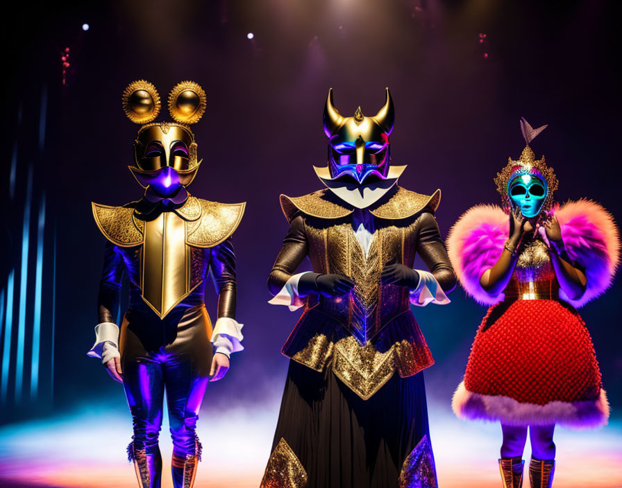 Three people in elaborate mouse costumes with masks and ornate attire on a stage with dramatic lighting