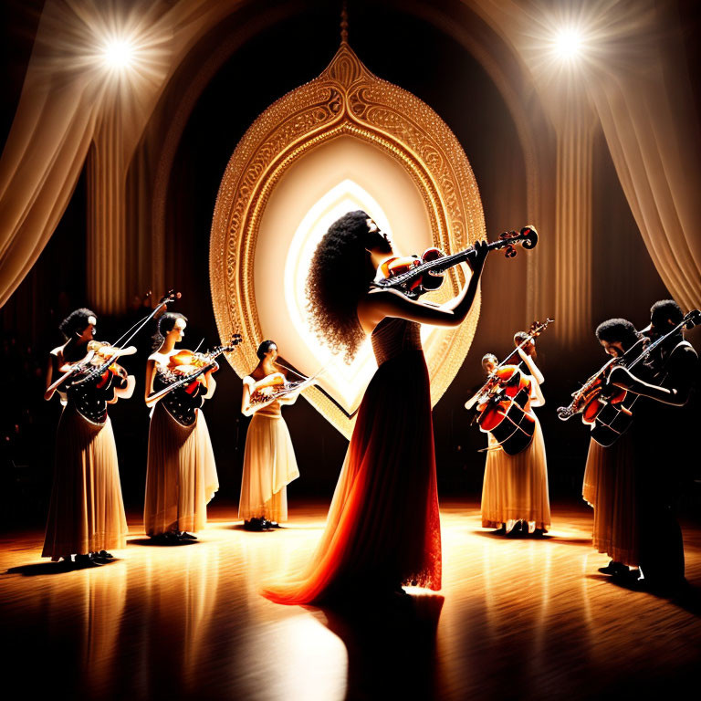 Classical musicians with violins under dramatic stage lights