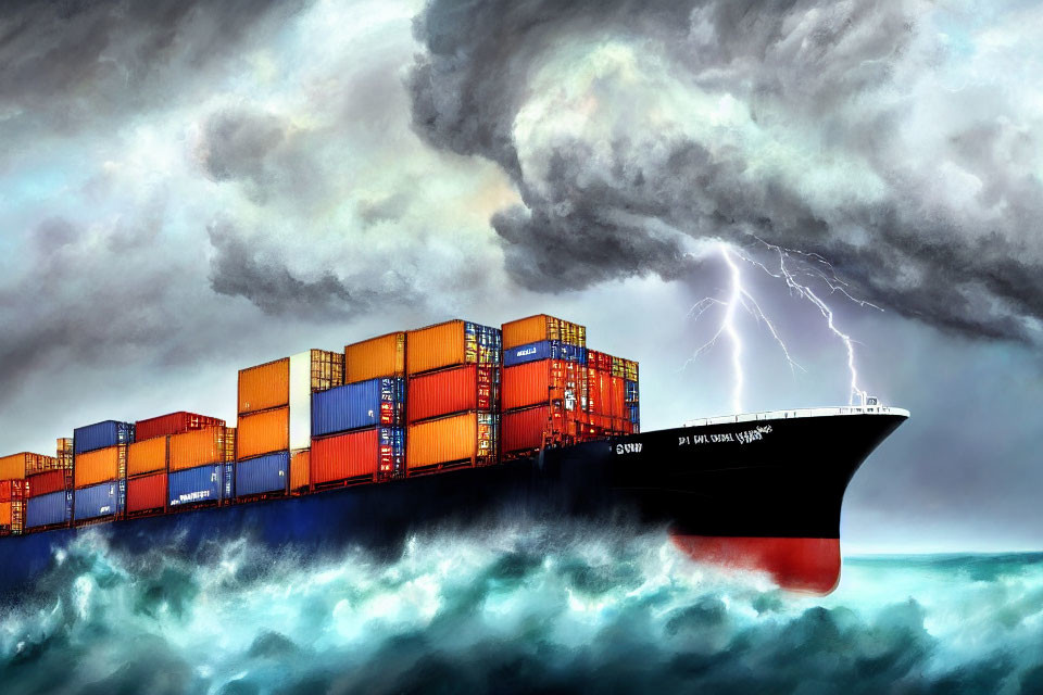 Cargo ship navigating stormy seas with lightning in dramatic sky