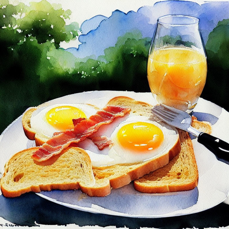 Watercolor painting of breakfast scene with eggs, bacon, toast, orange juice, and greenery.