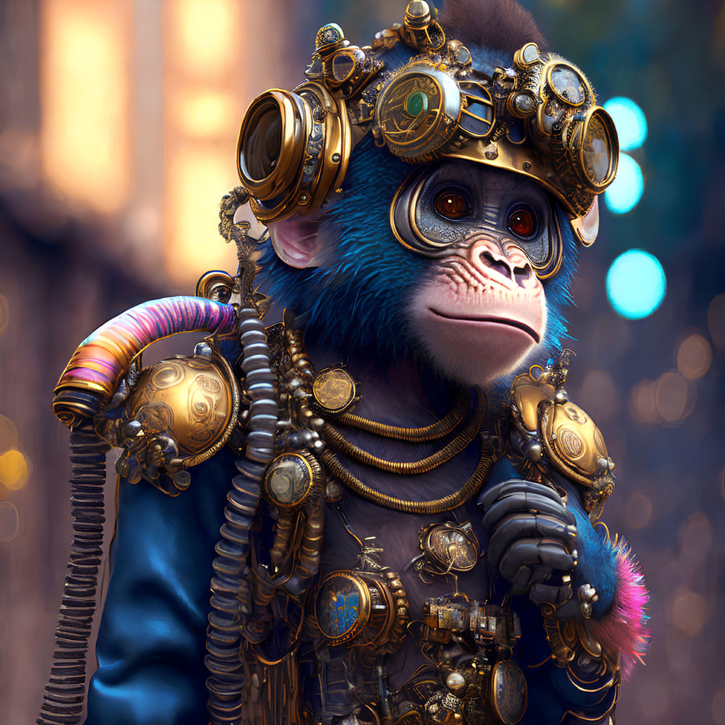 Steampunk-inspired monkey with goggles and brass gear on warm bokeh background