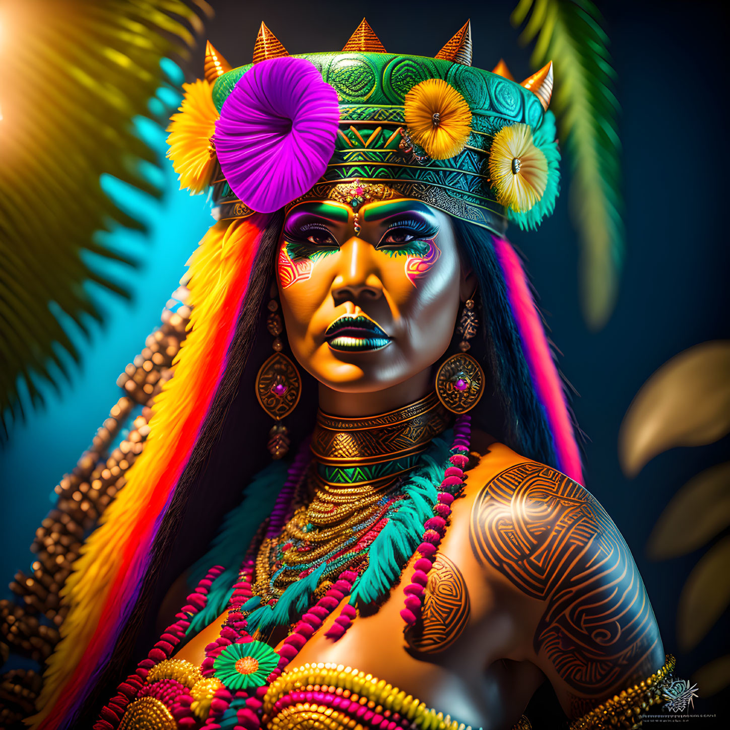 Colorful Portrait of Woman in Tribal Attire and Headdress