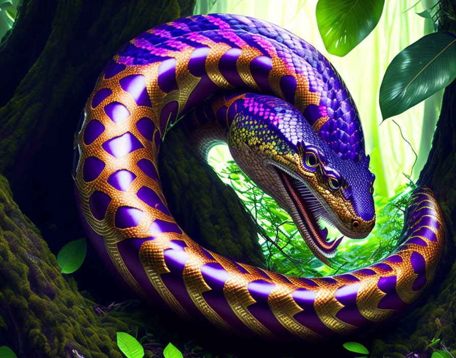 Colorful Digital Snake Coiled in Lush Green Foliage