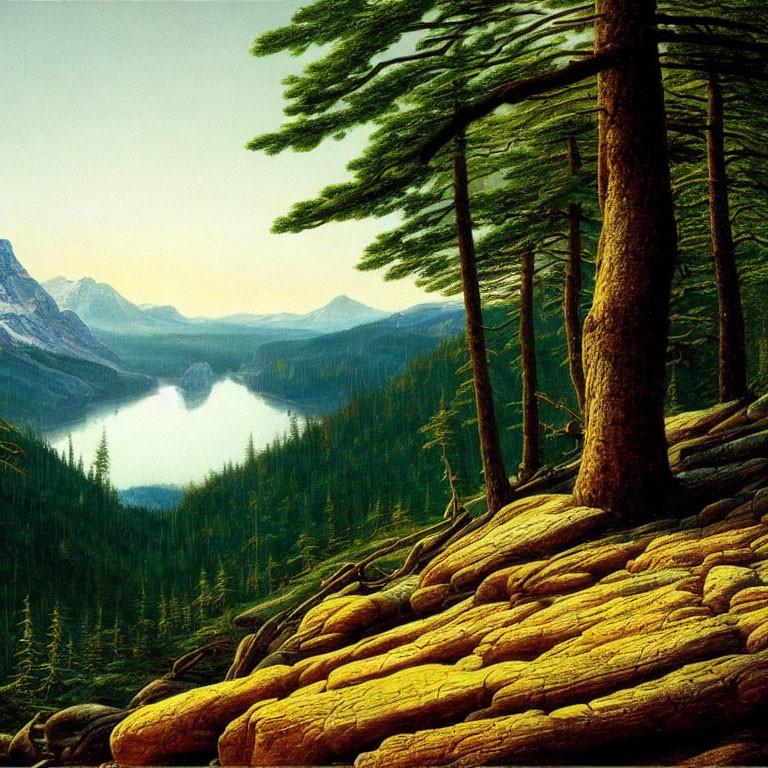 Mountainous Forest Lake Landscape with Hazy Sky