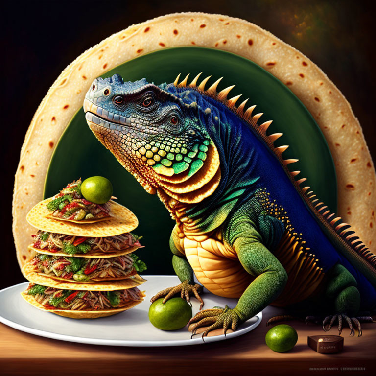 Vibrant iguana with tacos and limes on taco shell background