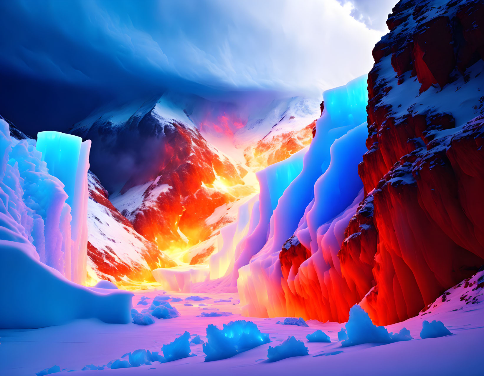 Dramatic icy landscape with red rock formations under surreal sky