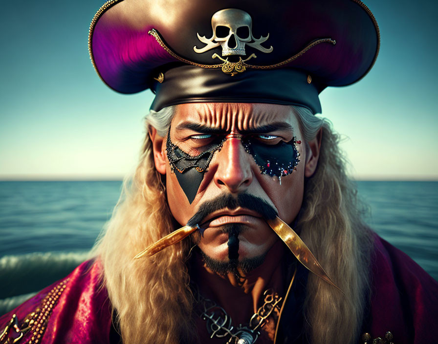 Detailed Portrait of Fictional Pirate with Skull-and-Crossbones Hat, Eye Patch, Golden Earring